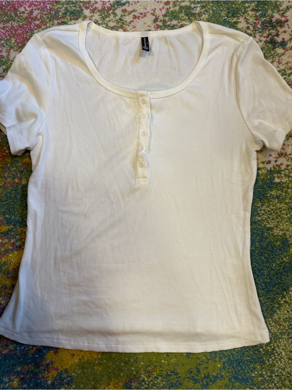 Women's White Ribbed Henley Short Sleeve Tee